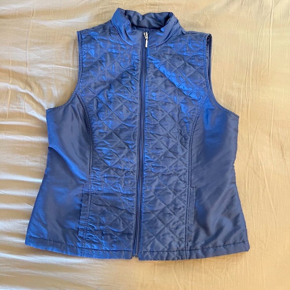 Weekends by Chico's Blue Quilted Puffer Vest Knit Panels Size 1 Medium